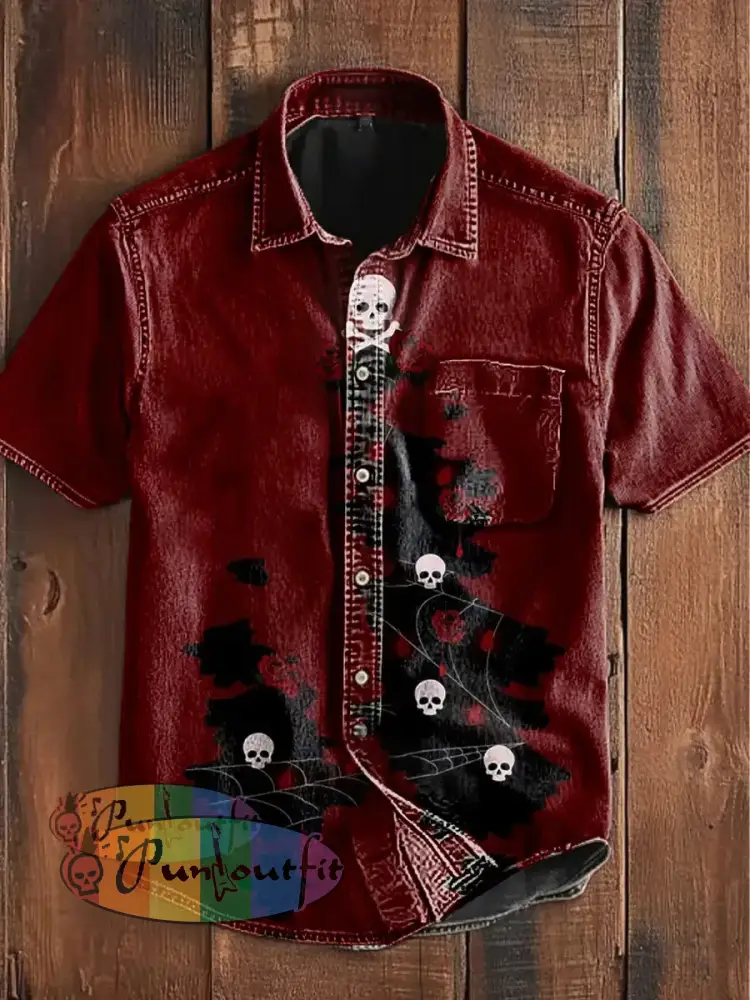 Unisex Vintage Punk Gothic Skull Rose Spider Web Abstract Print Casual Cotton Short Sleeve Pocket Shirt Wine Red / S
