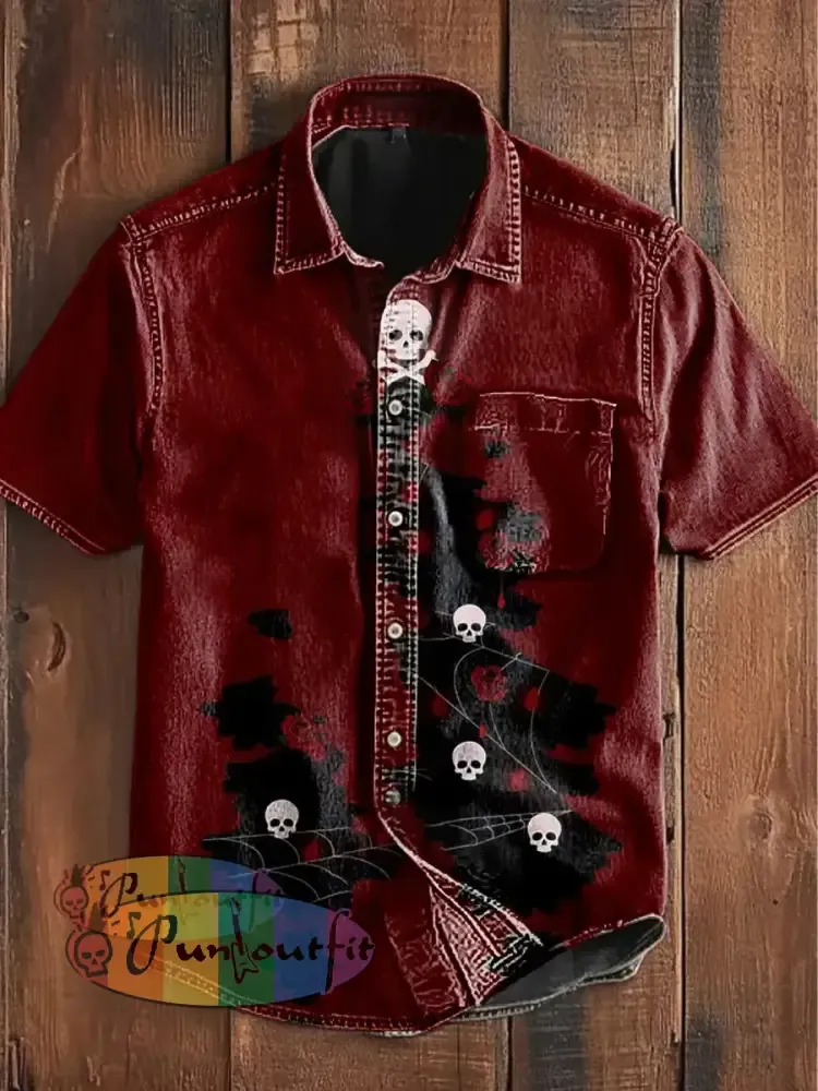 Women’s Vintage Punk Gothic Skull Rose Abstract Print Strappy Sleeveless Strappy Mini Dress Short Sleeve Shirt / S