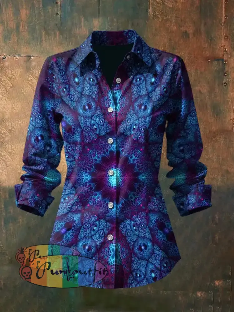 Women’s Vintage Punk Hippie Colorful Fractal Floral Printed Casual Long Sleeve Shirt Blue / S