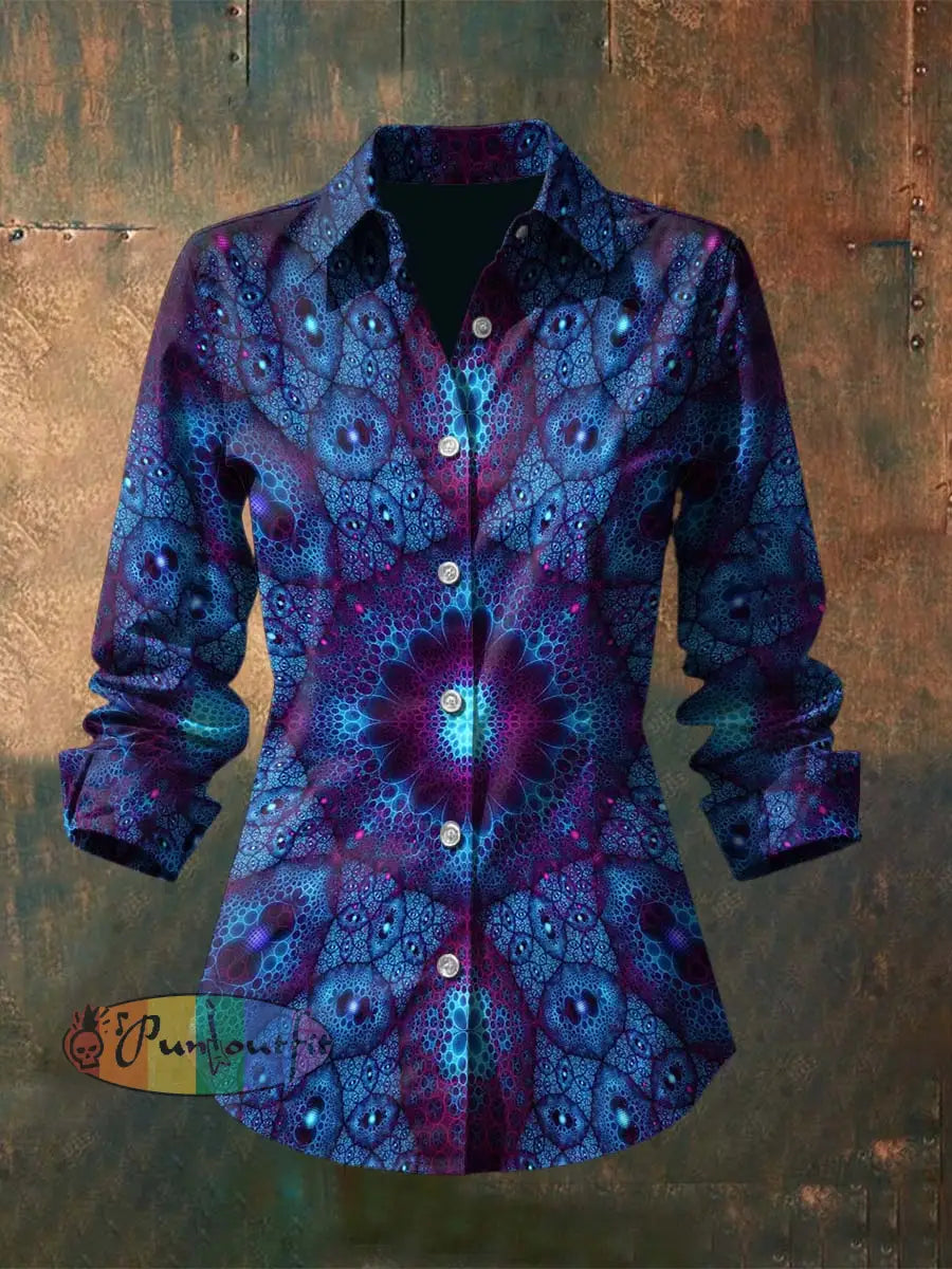 Women’s Vintage Punk Hippie Colorful Fractal Floral Printed Casual Long Sleeve Shirt Blue / S