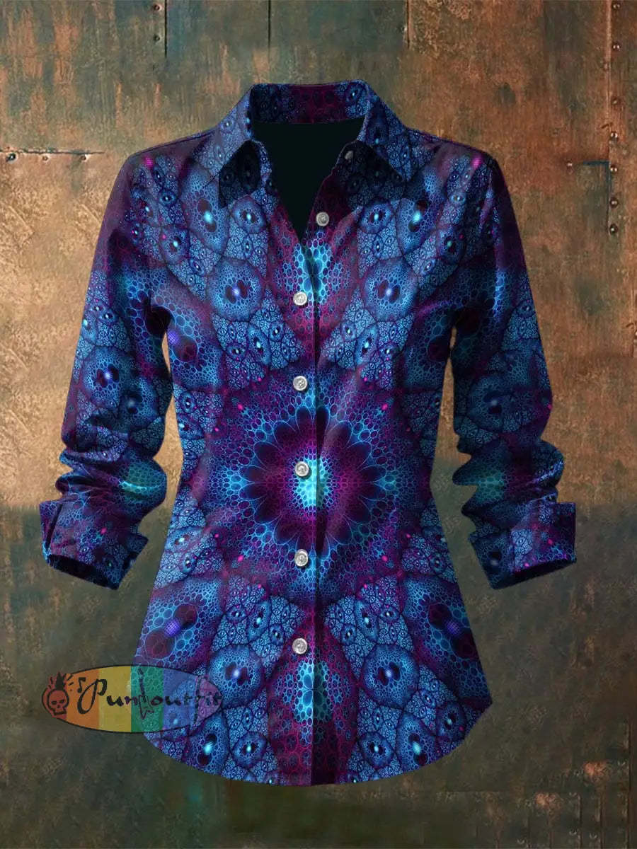 Women’s Vintage Punk Hippie Colorful Fractal Floral Printed Casual Long Sleeve Shirt Blue / S