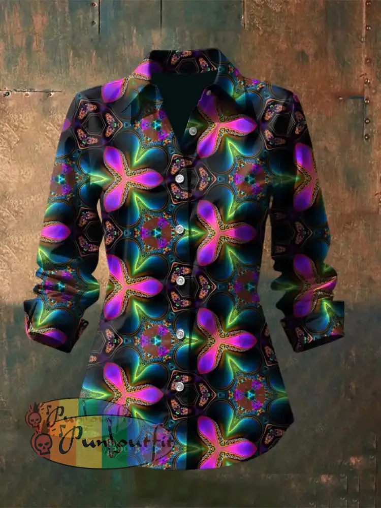Women’s Vintage Punk Hippie Colorful Fractal Floral Printed Casual Long Sleeve Shirt Purple / S