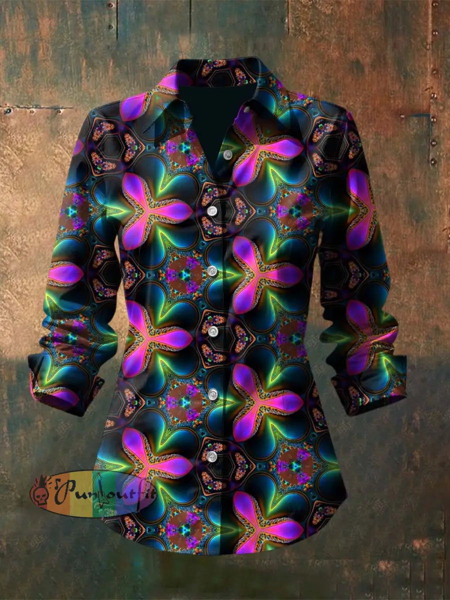 Women’s Vintage Punk Hippie Colorful Fractal Floral Printed Casual Long Sleeve Shirt Purple / S