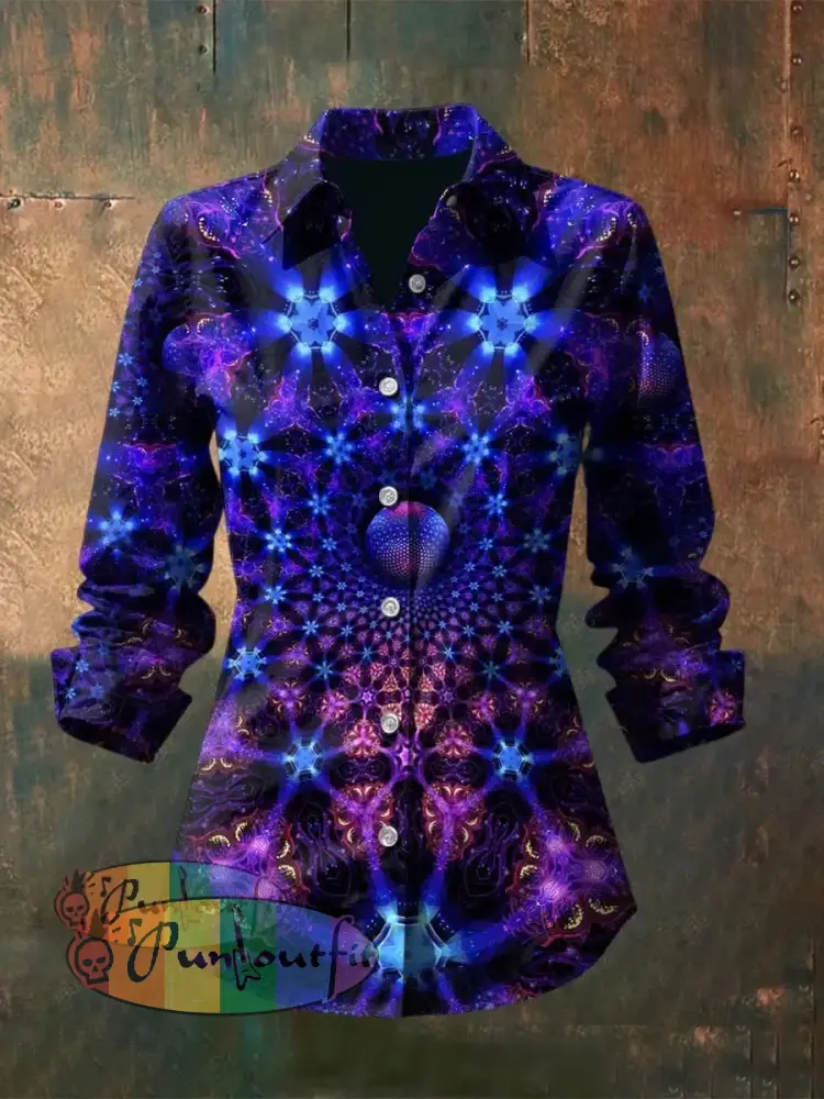 Women’s Vintage Punk Hippie Colorful Gradient Fractal Flower Printed Casual Long Sleeve Shirt Purple / S