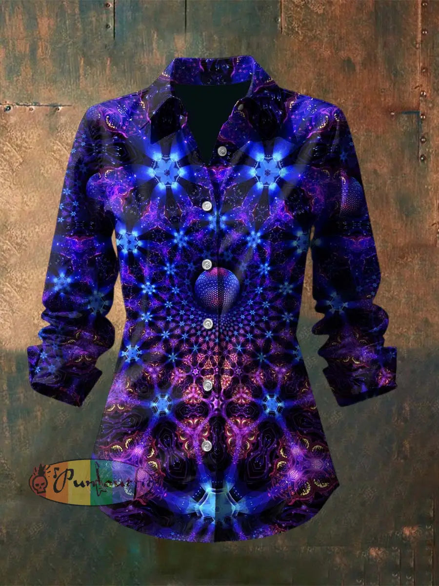 Women’s Vintage Punk Hippie Colorful Gradient Fractal Flower Printed Casual Long Sleeve Shirt Purple / S