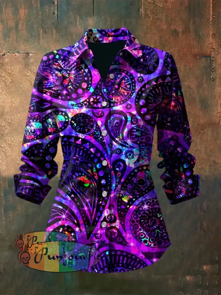 Women’s Vintage Punk Hippie Colorful Perris Printed Casual Long Sleeve Shirt Purple / S