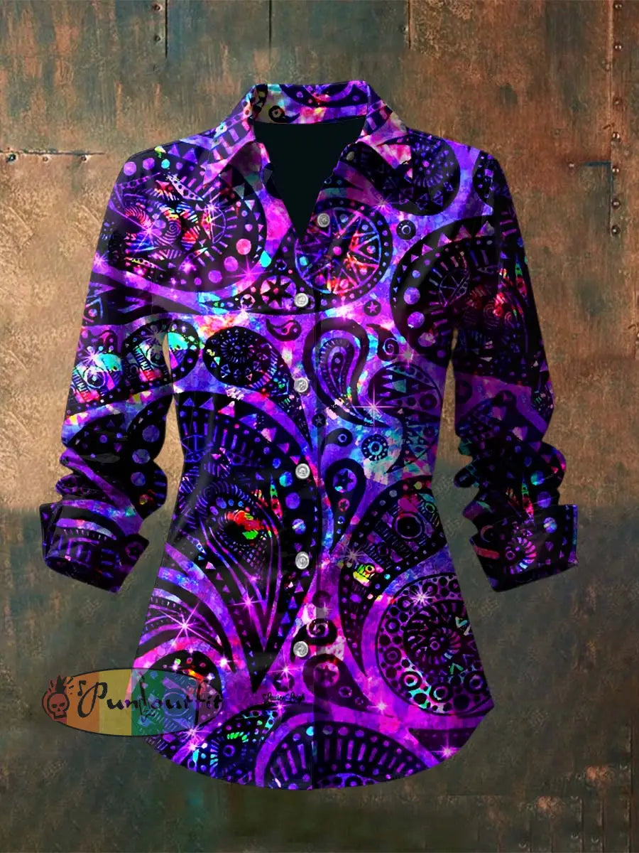Women’s Vintage Punk Hippie Colorful Perris Printed Casual Long Sleeve Shirt Purple / S