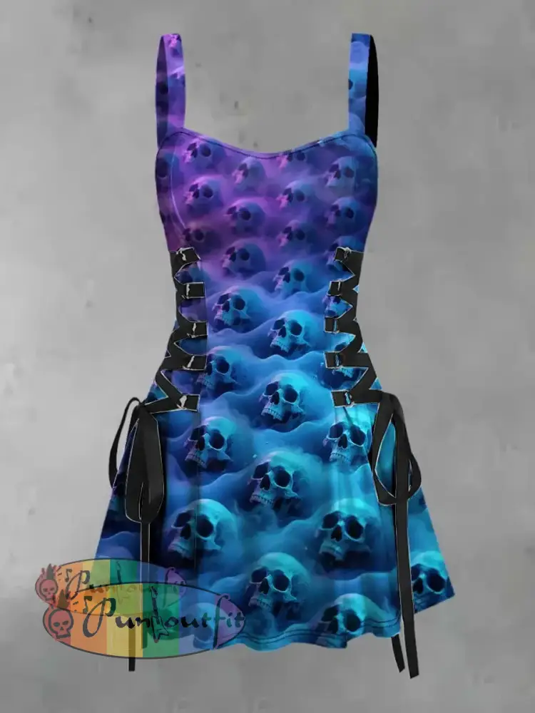 Women’s Vintage Punk Psychedelic Colorful Skull Print Strappy Sleeveless Strappy Mini Dress Blue / S