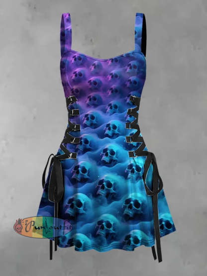 Women’s Vintage Punk Psychedelic Colorful Skull Print Strappy Sleeveless Strappy Mini Dress Blue / S