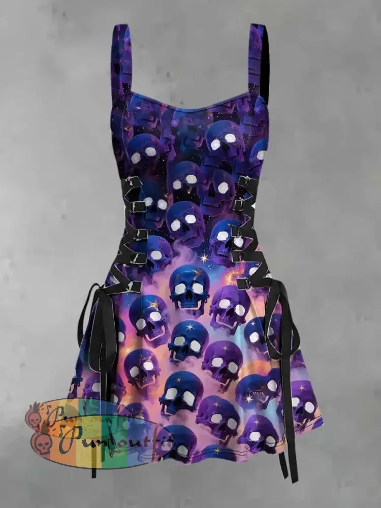 Women’s Vintage Punk Psychedelic Colorful Skull Print Strappy Sleeveless Strappy Mini Dress Purple / S