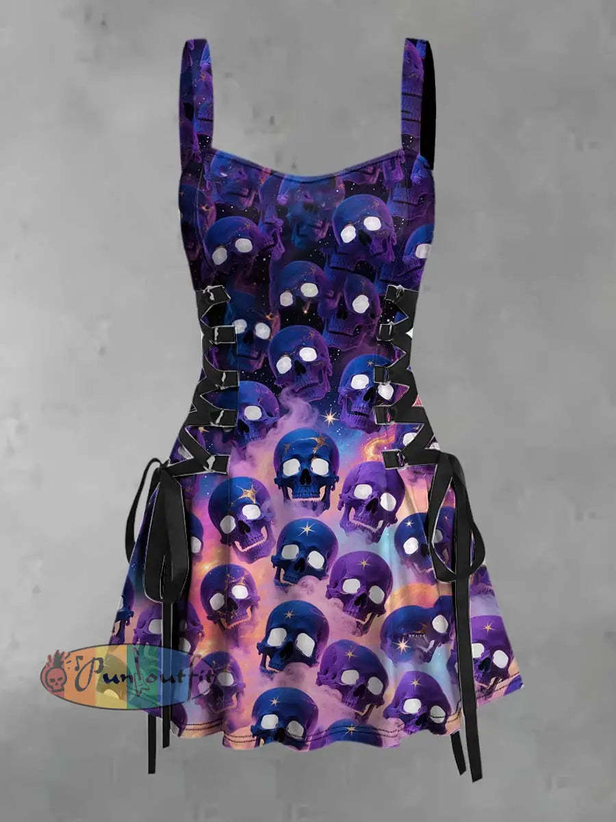 Women’s Vintage Punk Psychedelic Colorful Skull Print Strappy Sleeveless Strappy Mini Dress Purple / S