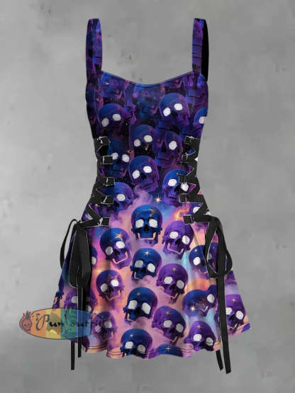 Women’s Vintage Punk Psychedelic Colorful Skull Print Strappy Sleeveless Strappy Mini Dress Purple / S