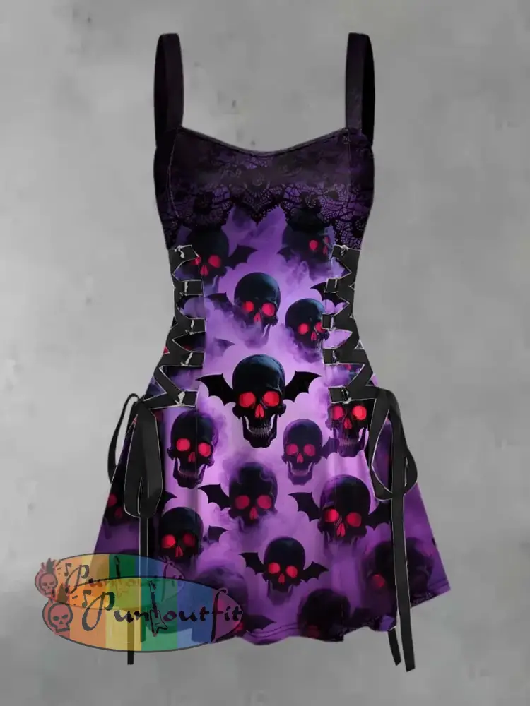 Women’s Vintage Punk Psychedelic Colorful Skull Print Strappy Sleeveless Strappy Mini Dress Purple / S