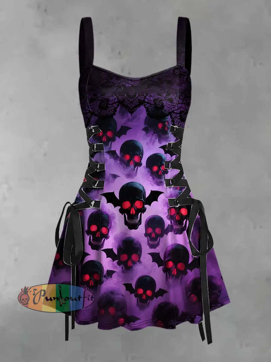 Women’s Vintage Punk Psychedelic Colorful Skull Print Strappy Sleeveless Strappy Mini Dress Purple / S