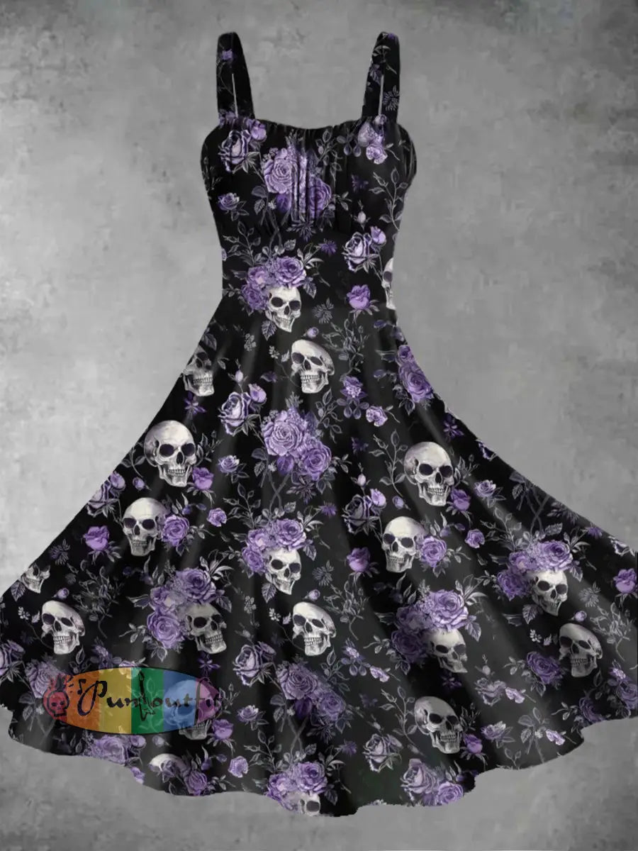 Women’s Vintage Punk Skull Floral Abstract Print Midi Dress Black / S