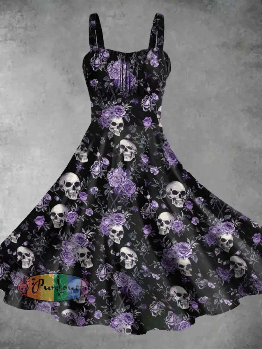 Women’s Vintage Punk Skull Floral Abstract Print Midi Dress Black / S
