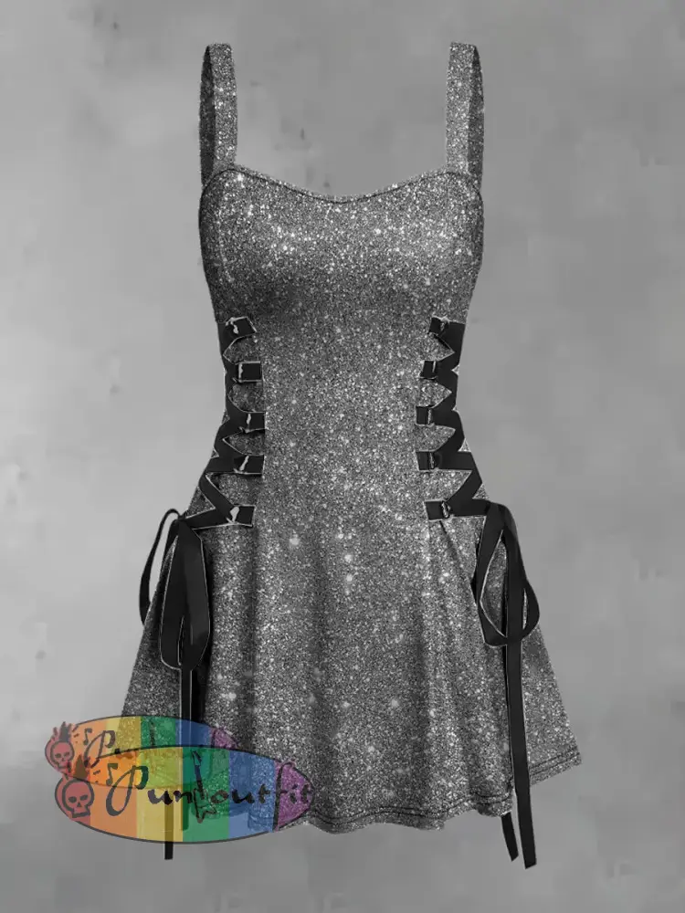 Women’s Vintage Sequin Party Print Strappy Sleeveless Strappy Mini Dress Silver / S