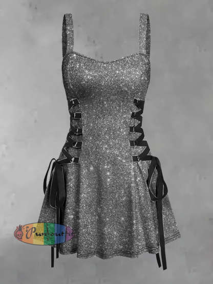 Women’s Vintage Sequin Party Print Strappy Sleeveless Strappy Mini Dress Silver / S