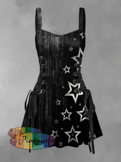 Women’s Vintage Western Star Gradient Art Print Strappy Sleeveless Strappy Mini Dress Black / S