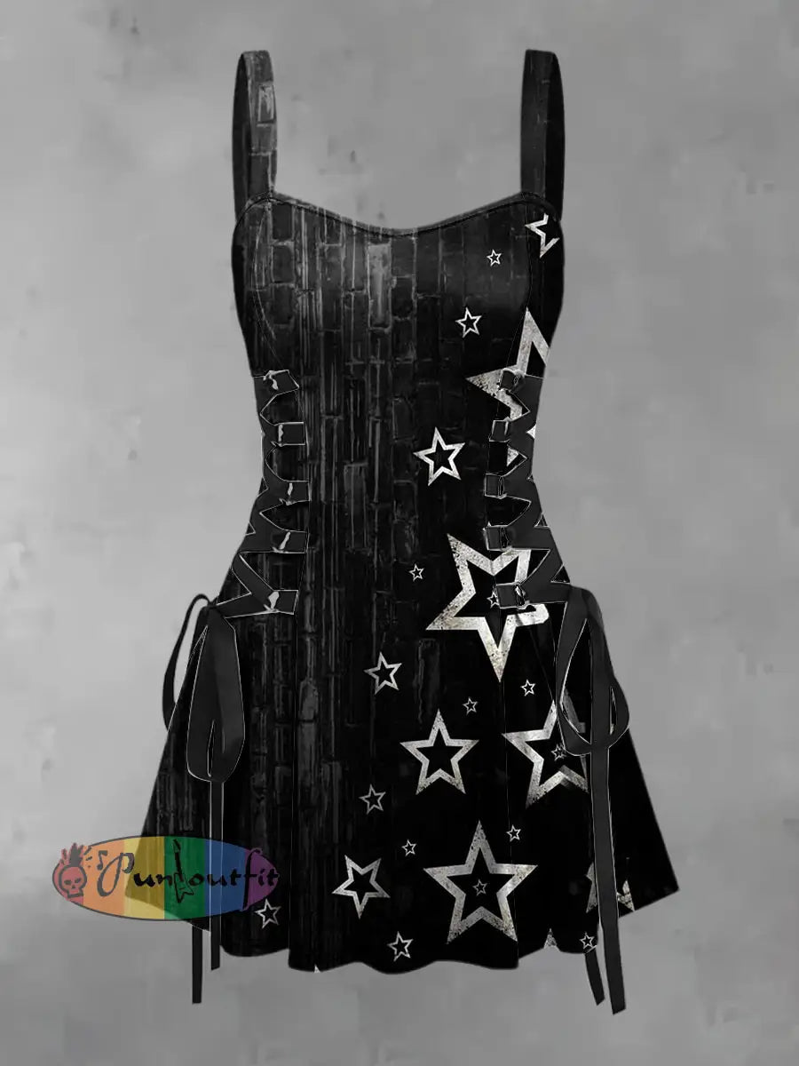 Women’s Vintage Western Star Gradient Art Print Strappy Sleeveless Strappy Mini Dress Black / S