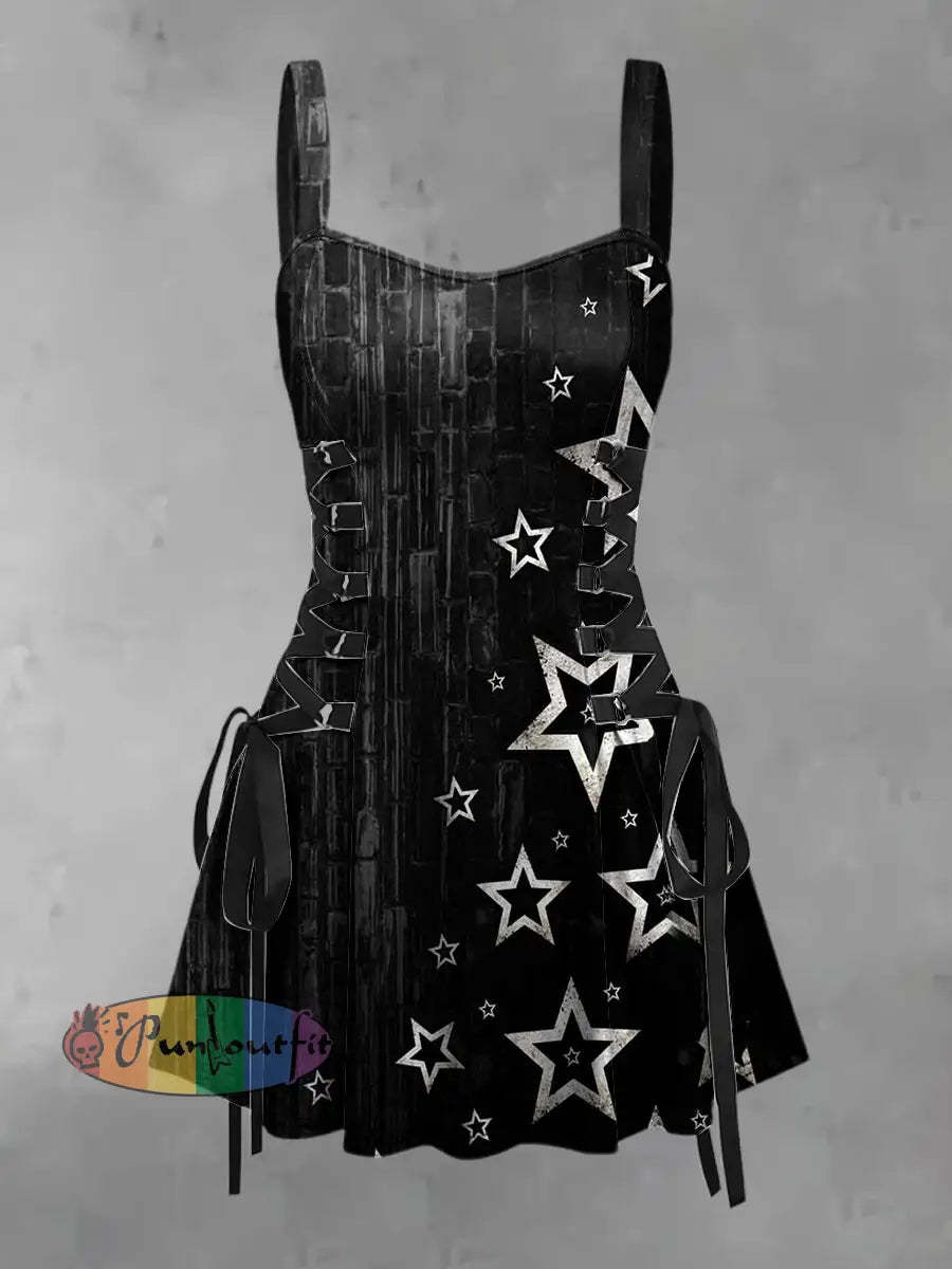 Women’s Vintage Western Star Gradient Art Print Strappy Sleeveless Strappy Mini Dress Black / S