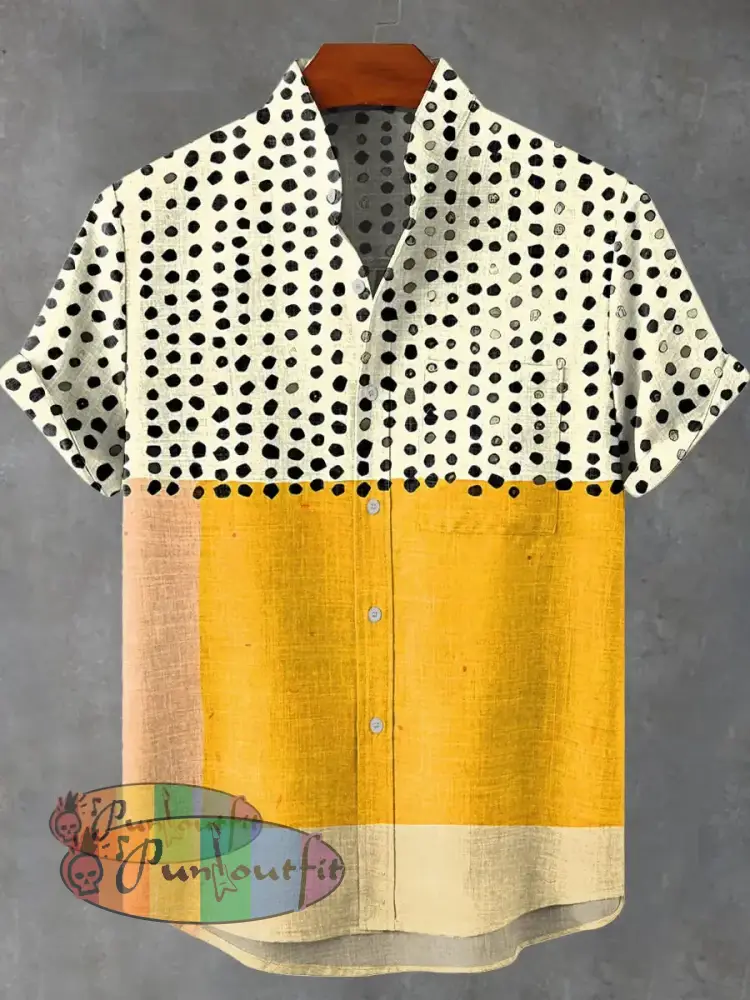 Yellow Color-blocked Dots Art Vintage Print Casual 100% Cotton Shirt Multicolor / S GEOMETRIC ART DESIGN