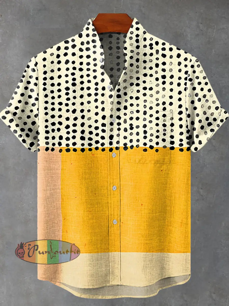 Yellow Color-blocked Dots Art Vintage Print Casual 100% Cotton Shirt Multicolor / S GEOMETRIC ART DESIGN