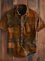Unisex Men's Vintage Western Hippie Colorful Green Block Art Abstract Print Casual Pocket Short Sleeve Shirt