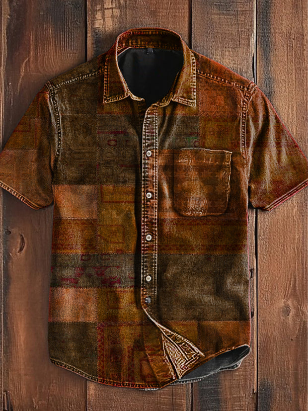 Unisex Men's Vintage Western Hippie Colorful Green Block Art Abstract Print Casual Pocket Short Sleeve Shirt