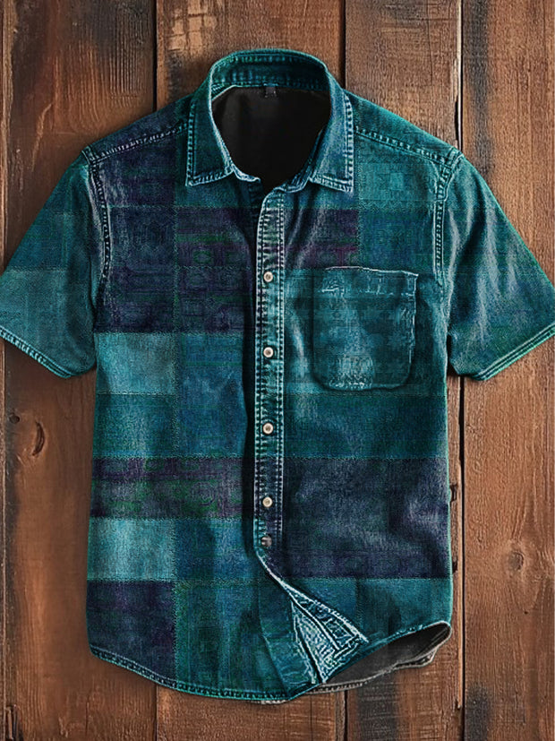 Unisex Men's Vintage Western Hippie Colorful Green Block Art Abstract Print Casual Pocket Short Sleeve Shirt