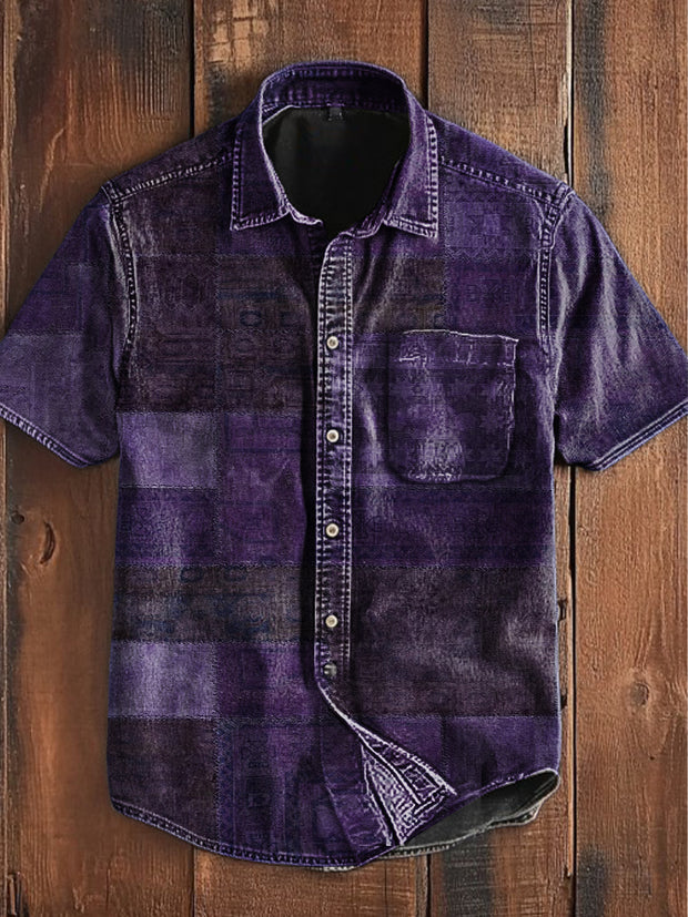 Unisex Men's Vintage Western Hippie Colorful Green Block Art Abstract Print Casual Pocket Short Sleeve Shirt