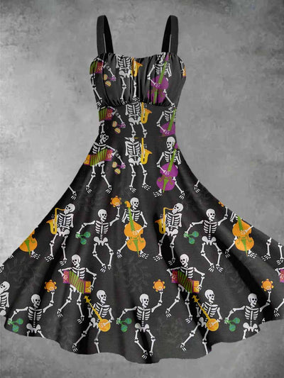 Vintage Skeleton Dance Print Backless Dress