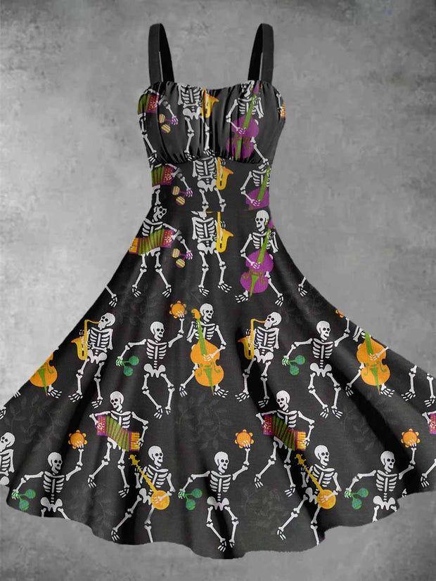 Vintage Skeleton Dance Print Backless Dress