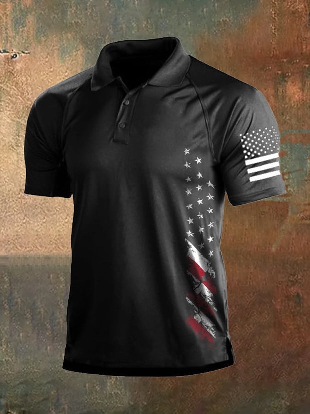 Men's Vintage American Flag Independence Day Color Block Polo Shirt