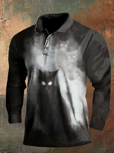 Dark Style Cat And Ghost Print Long Sleeve Polo Shirt