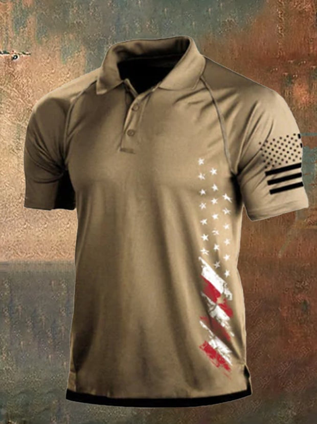 Men's Vintage American Flag Independence Day Color Block Polo Shirt