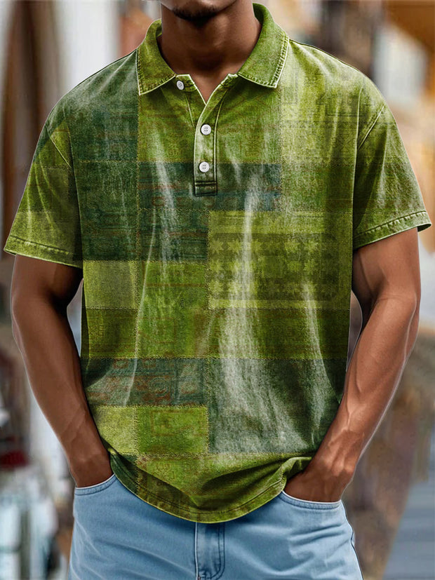 Unisex Men's Vintage Western Hippie Colorful Green Block Art Abstract Print Casual Pocket Short Sleeve Shirt