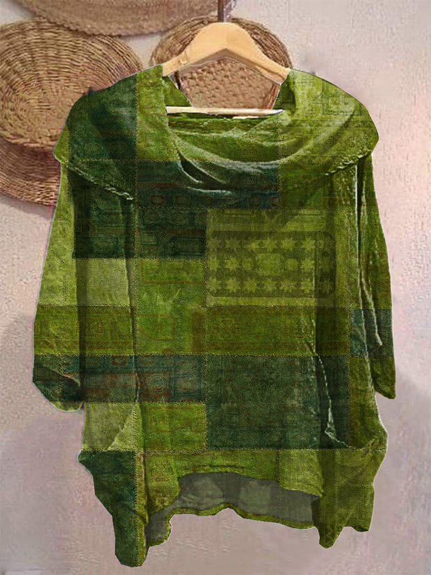 Unisex Men's Vintage Western Hippie Colorful Green Block Art Abstract Print Casual Pocket Short Sleeve Shirt