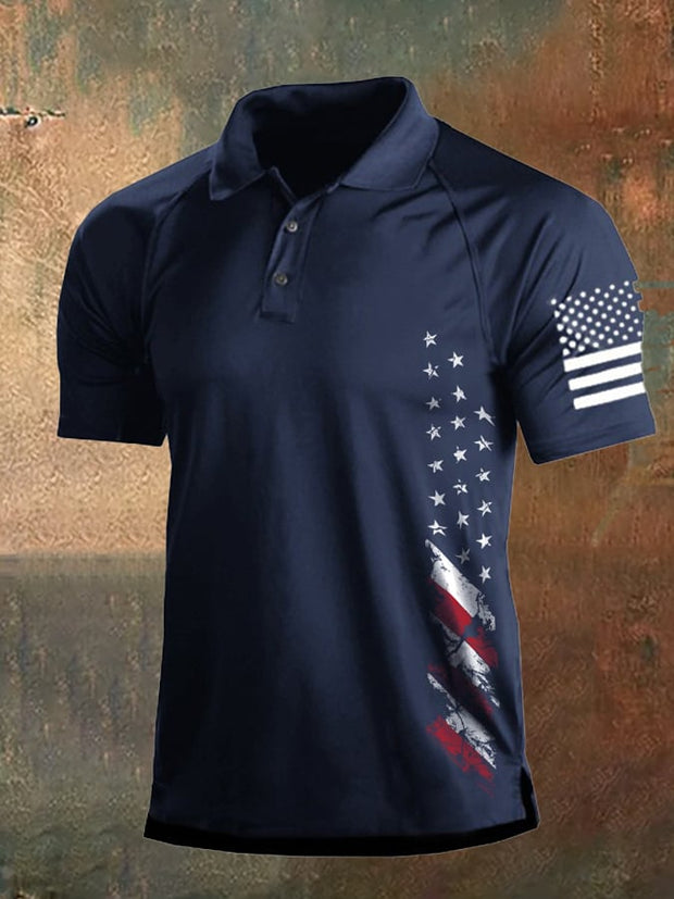 Men's Vintage American Flag Independence Day Color Block Polo Shirt