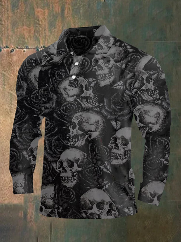 Dark style skull long sleeve polo shirt