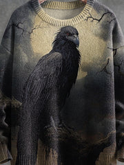 Crow Dark Halloween Print Knit Pullover Sweater