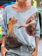 Vintage Funny Cat Art Print Casual Long Sleeve T-shirt
