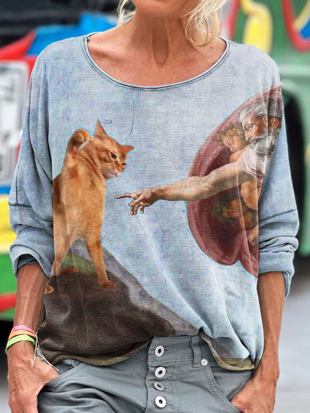 Vintage Funny Cat Art Print Casual Long Sleeve T-shirt
