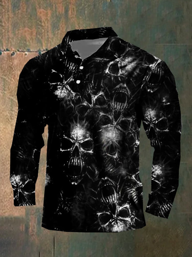 Dark style skull long sleeve polo shirt