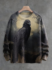 Crow Dark Halloween Print Knit Pullover Sweater