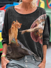 Vintage Funny Cat Art Print Casual Long Sleeve T-shirt