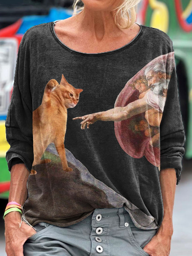 Vintage Funny Cat Art Print Casual Long Sleeve T-shirt