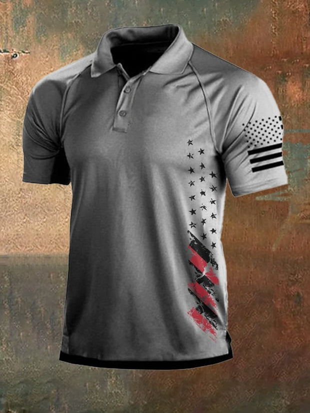 Men's Vintage American Flag Independence Day Color Block Polo Shirt