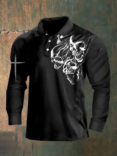 Dark style skull long sleeve polo shirt