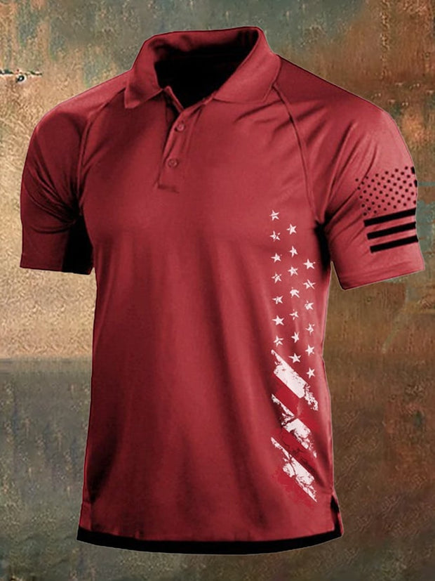 Men's Vintage American Flag Independence Day Color Block Polo Shirt